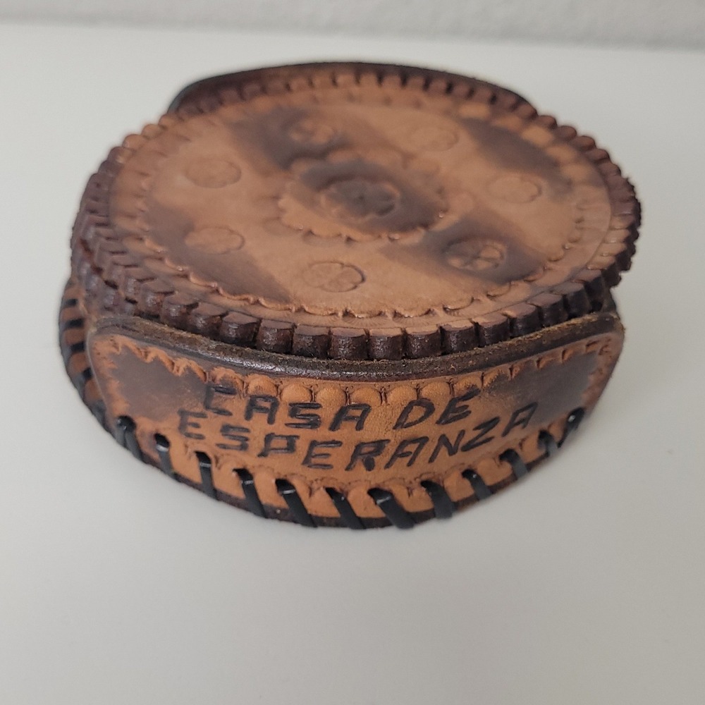 Casa De Esperanza Hand Tooled Leather Coaster Set 6 Piece Brown Floral Rustic